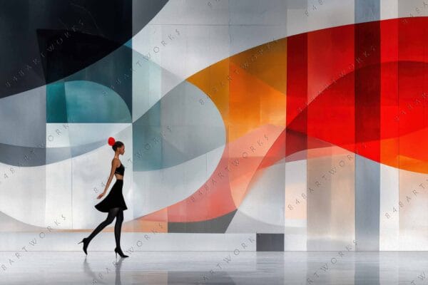 Digital artwork of a woman walking by a geometric mural in vibrant colors.