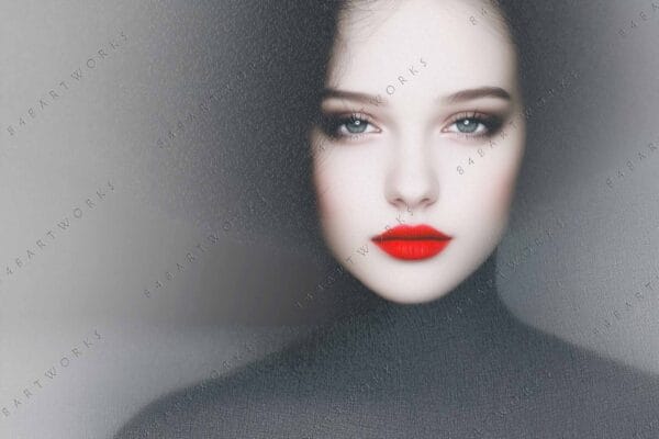 "Digital art portrait of a woman with red lips and soft gray background."
