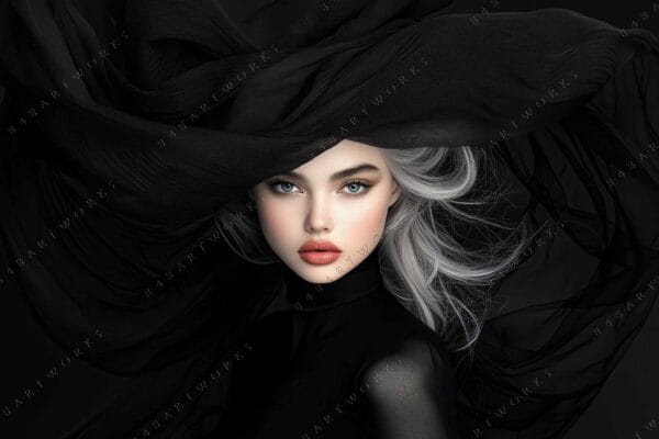 Digital painting of a woman with flowing black attire and white hair.