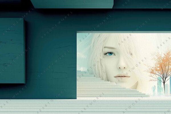 "Surreal digital art of face beside stairs, with orange tree on turquoise background."