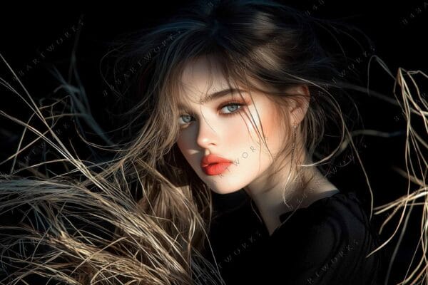 "Close-up digital portrait of a person surrounded by strands of dry grass."