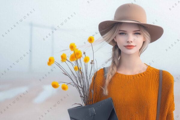 "Digital art of woman in orange sweater with yellow flowers and tan hat."