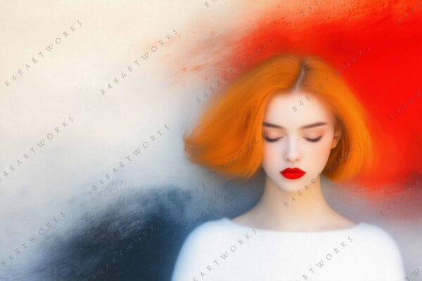 Close-up digital art of a woman with orange hair against red and dark gray background.