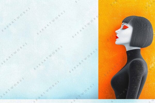 "Digital painting of a woman in profile against a split blue and orange background."