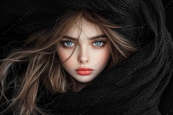 Realistic digital portrait of a woman with blue eyes, framed by black fabric.