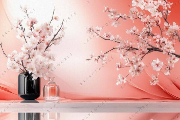 Digital artwork of cherry blossoms in glass vases on pink gradient background.