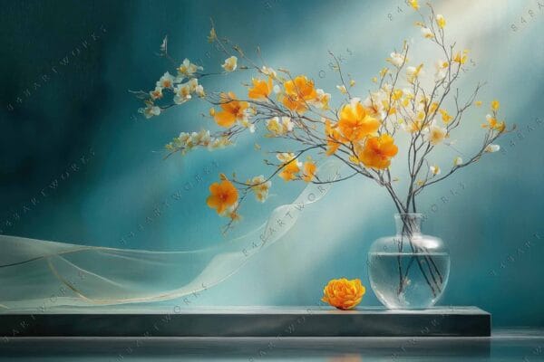 Digital painting of yellow and white flowers in a vase on a teal background.