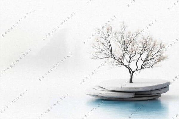 "Minimalist digital art of a barren tree on layered stones over water."