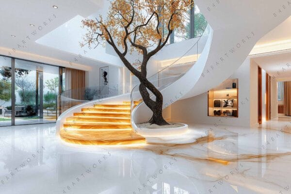 Futuristic photo of a spiral staircase with tree sculpture and marble floor.
