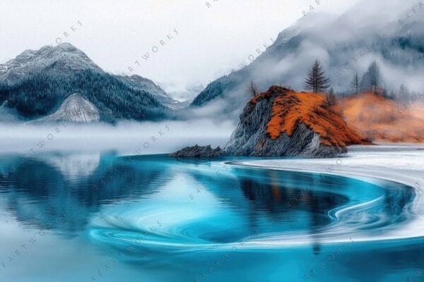 "Digital painting of a foggy lake with vibrant orange cliffs and snowy mountains."