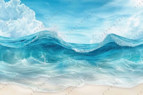 "Photorealistic painting of ocean waves with a bright blue sky and fluffy clouds."