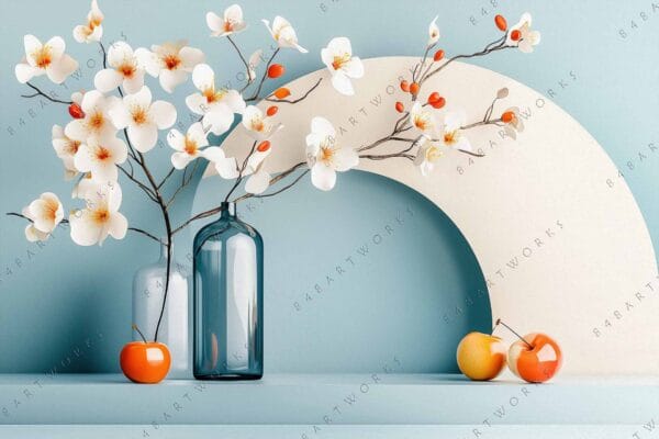 Minimalist digital artwork of white flowers in blue vases, blue and beige background.