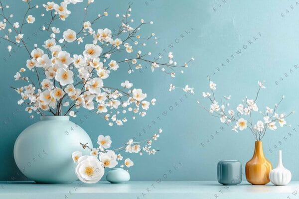 White cherry blossoms in pastel vases against a teal background, digital artwork style.
