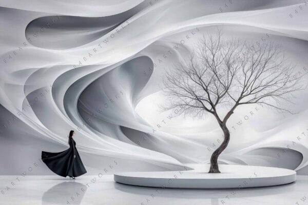 Digital artwork of a solitary tree and figure, with abstract flowing gray background.