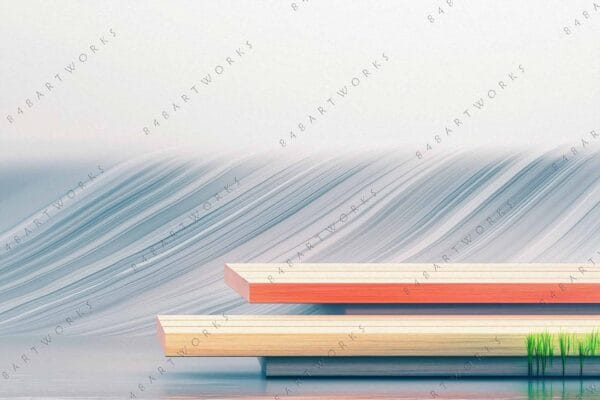 "Abstract digital art of wooden planks with grassy elements and flowing blue background."