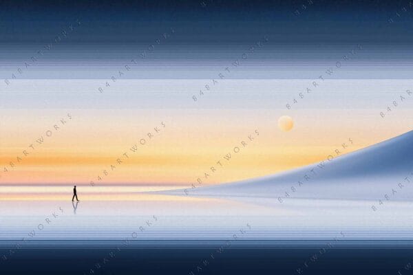 "Digital art of a person walking on reflective water with pastel sunset sky."