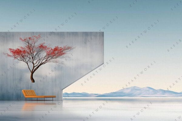 "Modern digital art of red tree and orange bench against misty mountain backdrop."