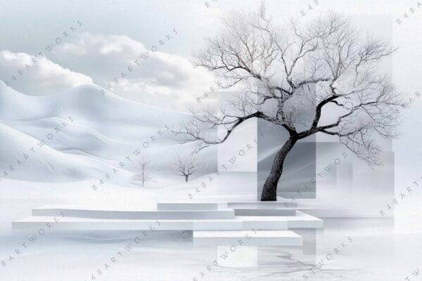 Monochrome digital art of snowy landscape with bare trees and geometric shapes.