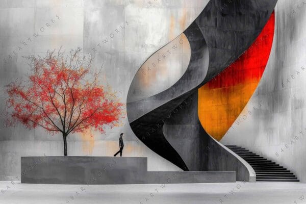 Digital art of a person walking by a red-leaved tree and abstract staircase.