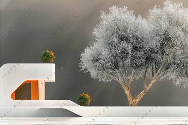 "Digital artwork of modern structure with trees in soft gray and green tones."