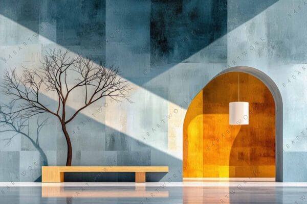 Architectural digital artwork with blue walls, bare tree silhouette, and arched orange-lit niche.