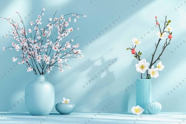 Floral still life with cherry blossoms in blue vases against a soft turquoise background.