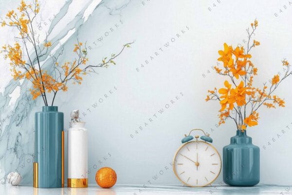 Digital art of blue vases with orange flowers, clock, and marble background.