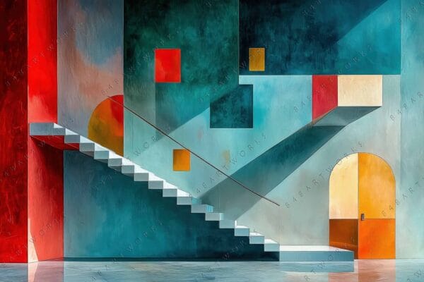 "Colorful geometric digital painting of staircases with red, teal, and orange accents."