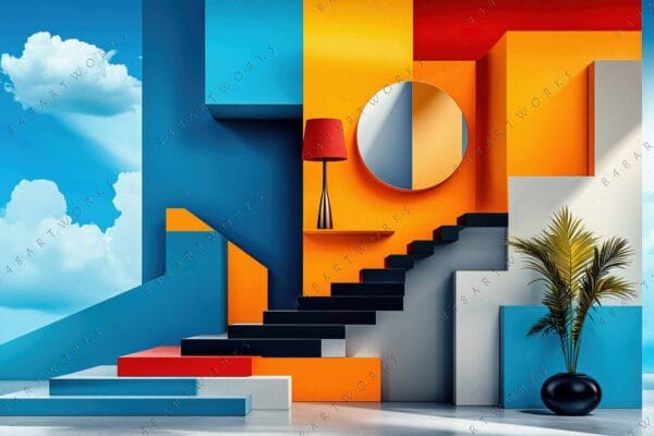 Futuristic digital art of colorful geometric staircase with blue sky and clouds background.