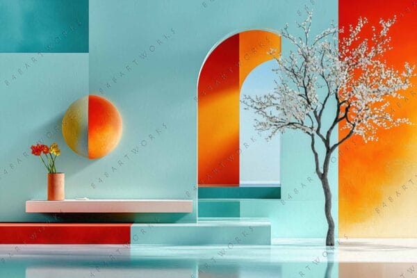 "Surreal digital painting with a peach tree on colorful geometric background."