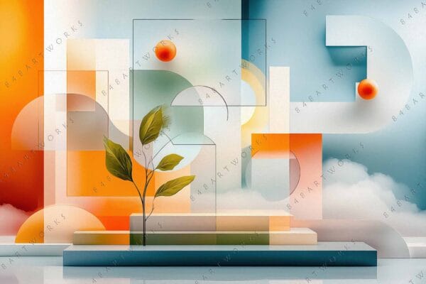 "Abstract digital art with geometric shapes, leaves, in orange, blue, and green tones."