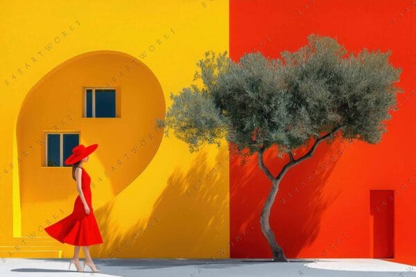 Digital art of a woman in red dress walking past a yellow and red building.