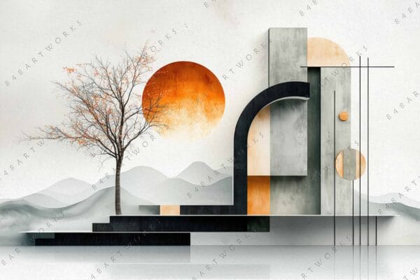 "Geometric digital artwork with tree, abstract shapes, and orange sun in muted tones."