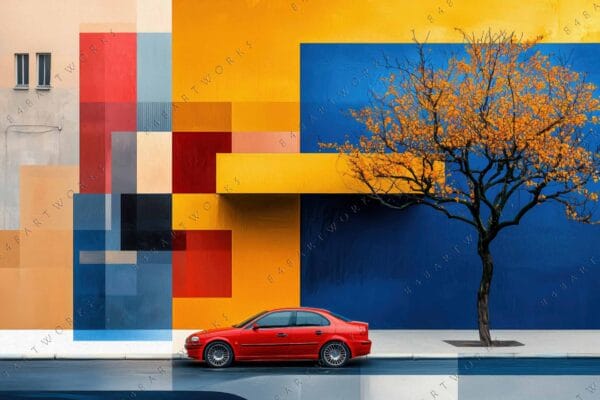 "Digital art of red car beside colorful geometric mural and autumn tree."