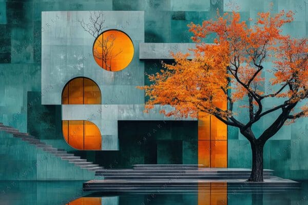 Geometric digital artwork of turquoise architecture and an orange-leaved tree reflecting on water.
