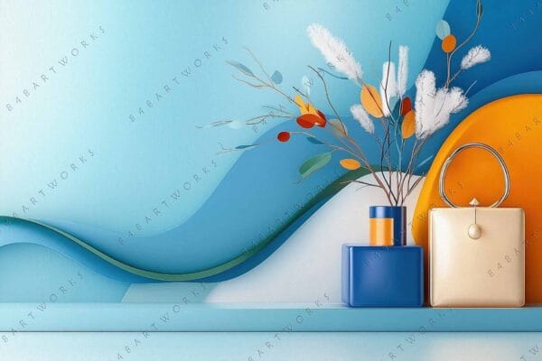 Abstract digital art with blue vase, colorful branches, and geometric shapes in vibrant hues.