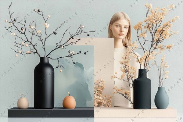 Digital art of a woman with vases, branches, and muted pastel colors.