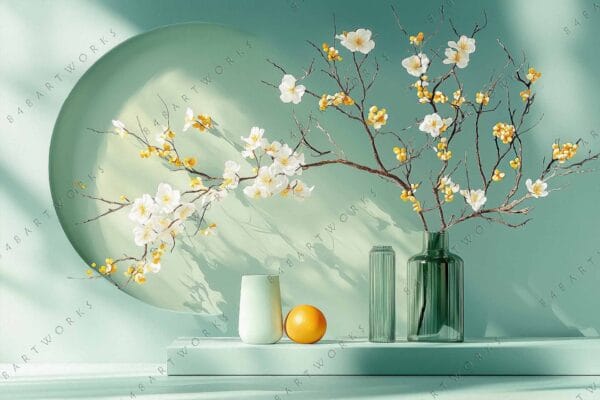 "Still life painting of white flowers and branches in green vases on teal background."