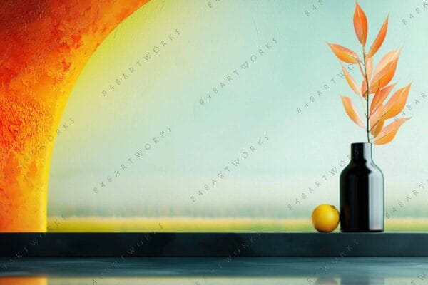 "Digital painting of orange leaves in black vase beside yellow fruit on reflective surface."