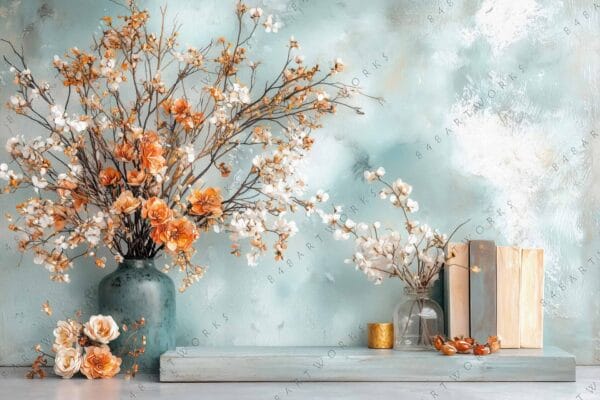 Digital painting of orange and white flowers in vases against a pastel teal background.