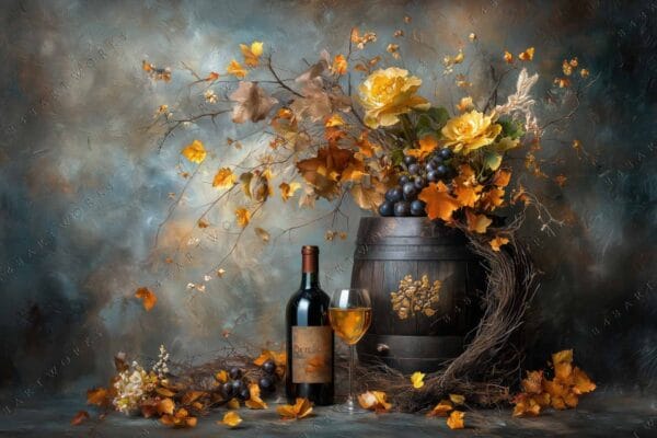 "Digital painting of autumnal still life with wine, grapes, and orange leaves."