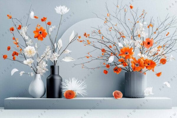 Digital artwork of orange and white flowers in modern vases on a gray background.