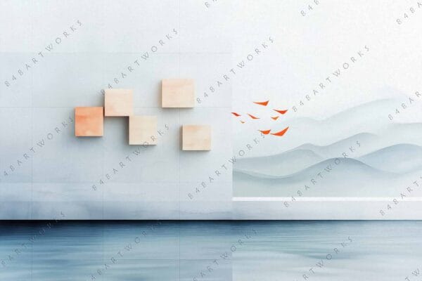 "Minimalist digital art with orange geometric shapes and serene blue-gray waves."