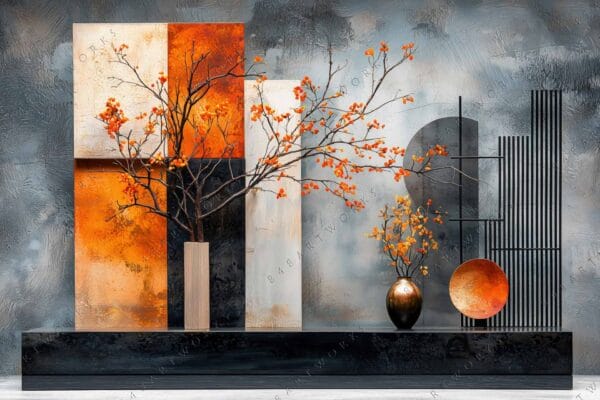 Modern digital artwork featuring orange branches against abstract geometric shapes in gray and orange.
