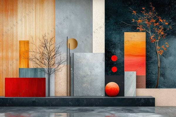 "Abstract digital art with geometric shapes, trees, and warm red and gold tones."