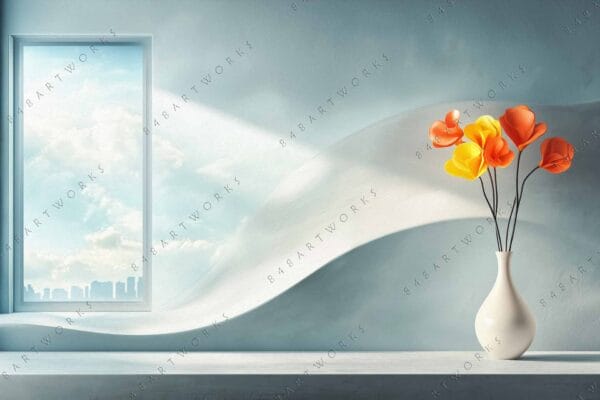 Photo of vibrant orange flowers in white vase on minimalist windowsill with city view.