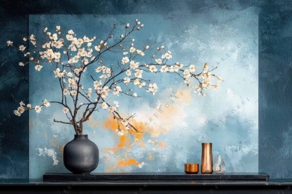 "Digital art of sakura branches in a vase against a blue abstract background."