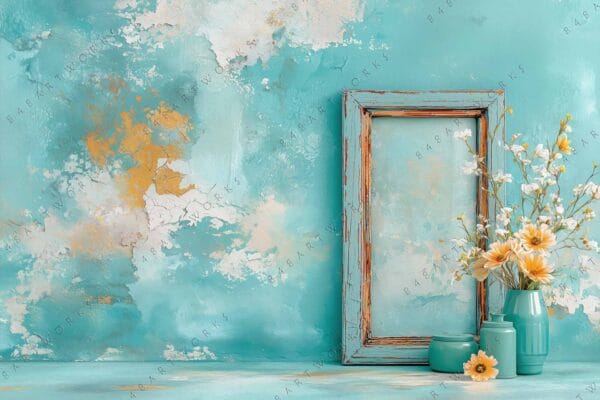 Rustic still life with turquoise vases, weathered frame, and yellow flowers on textured background.