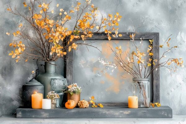 "Digital painting of a rustic autumn still life with orange leaves and candles."