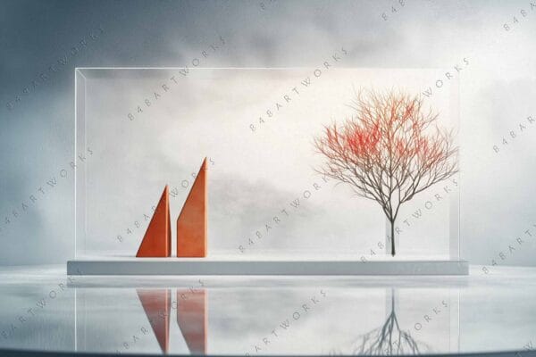 "Minimalist digital artwork of red abstract tree and geometric shapes against foggy backdrop."
